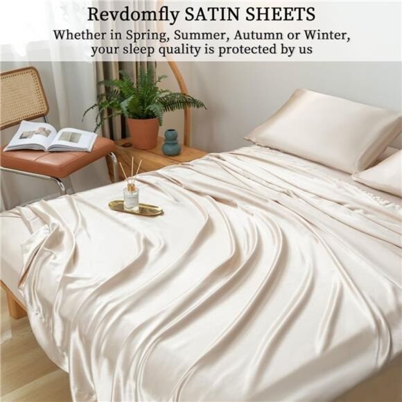 Revdomfly 4 Pcs Full Size Luxury Silky Soft Gold Satin Sheet Set,1 Premium - Picture 2 of 7